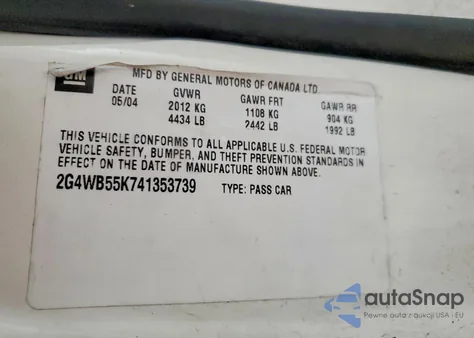 2004 Buick Regal Ls z USA, uszkodzony, nr VIN 2G4WB55K741353739